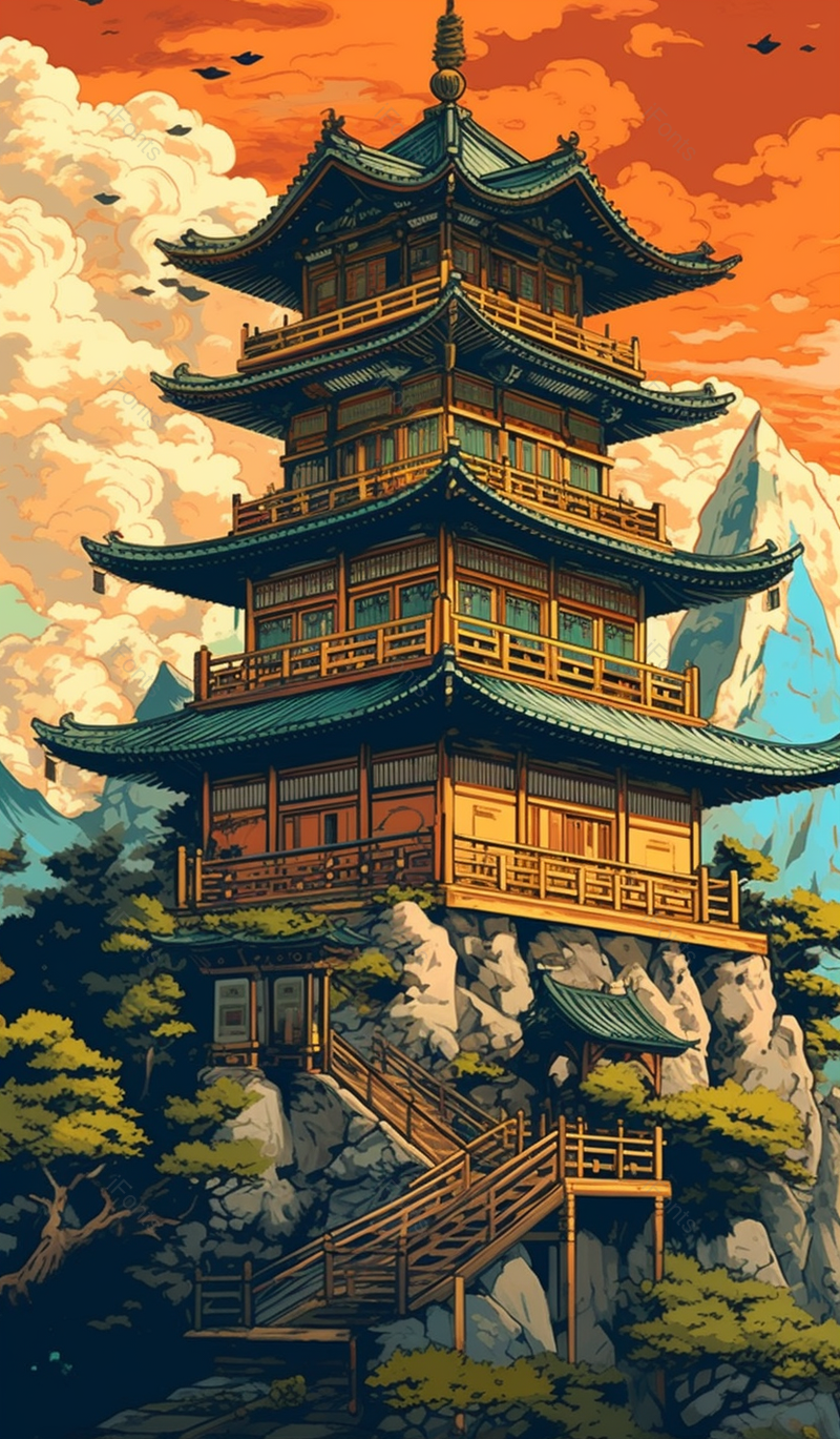 中国风格山古风建筑回旋走廊云端飞鸟插画竖版,插画/手绘图,插画/手绘图库,插画/手绘图下载,插画/手绘